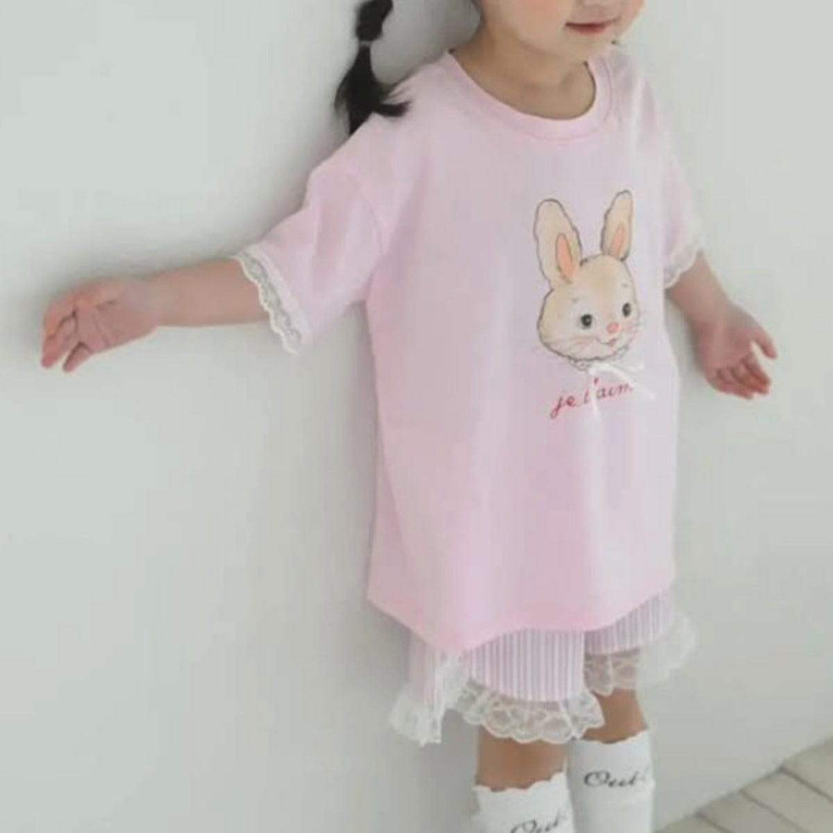 半袖Tシャツ Light Pink / 73cm うさぎラビットリボン半袖Tシャツ【mh0009857】