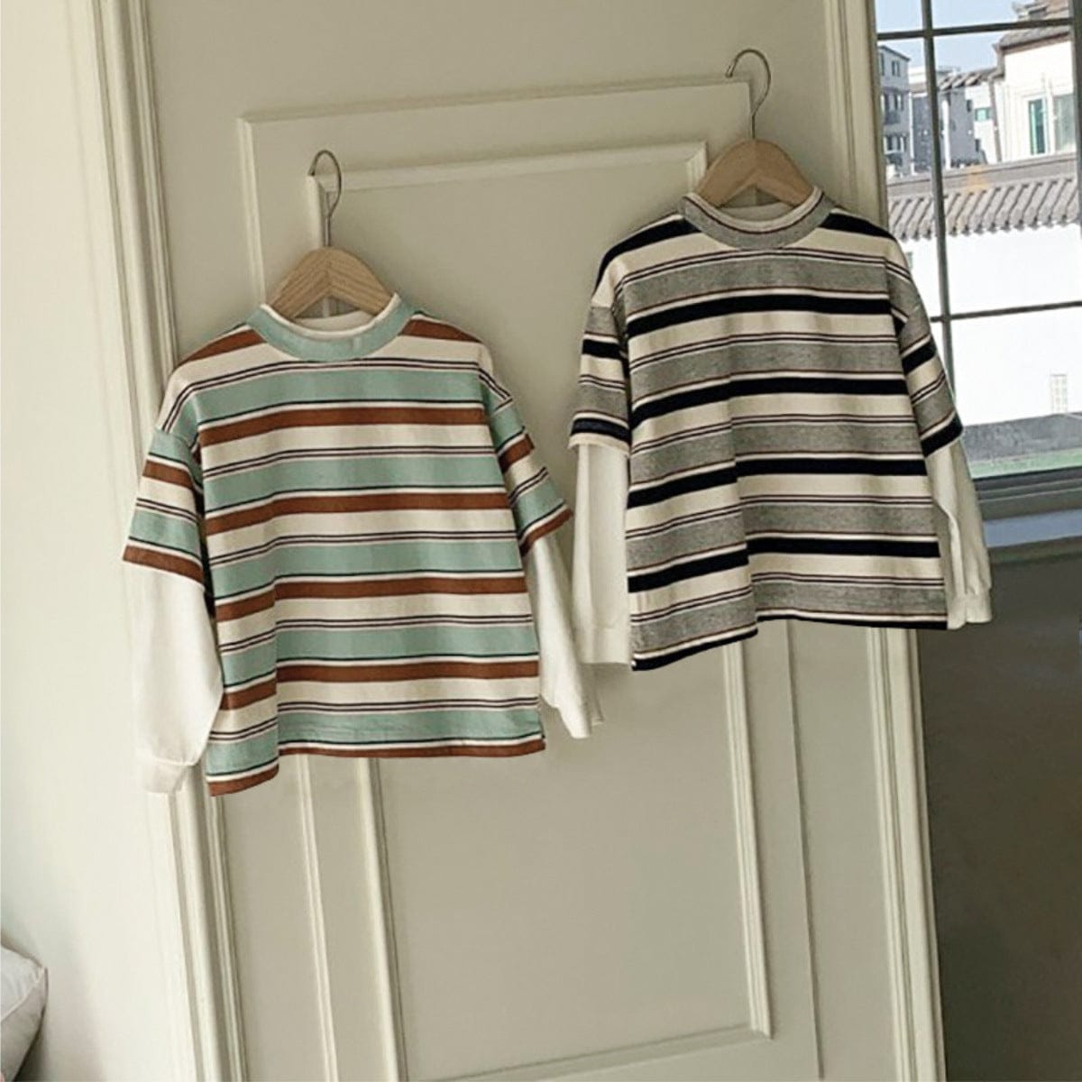 キッズ フェイクレイヤード長袖Tシャツ ボーダー柄 ダブル袖風(2色)