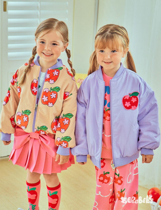 ショートコート・ジャケット・ジャンパー りんご柄リバーシブルブルゾン/くまプリントスウェットシャツ/プリーツスカート【mh0010979】