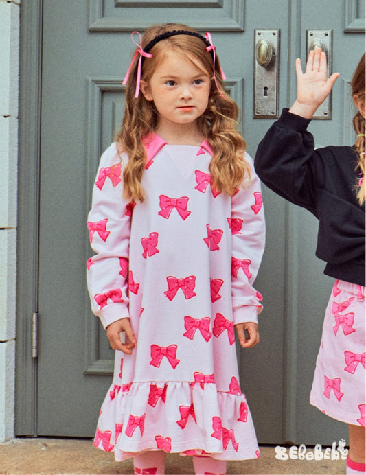 長袖ワンピース リボン柄ニットカーディガン/フリルティアードワンピース/リボン柄フリルスカート【mh0010981】