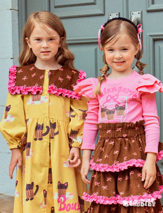 長袖ワンピース ねこ総柄ビッグカラーワンピース/フリル長袖Tシャツ/ティアードスカート【mh0010978】