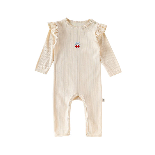 長袖ロンパース apricot / 66cm 長袖ロンパース コットン フリル 刺繍 リブ カバーオール【mh0011699】