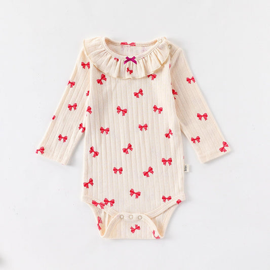 長袖ロンパース 長袖ロンパース ラッフル襟 リボンプリント ボディスーツ【mh0011728】