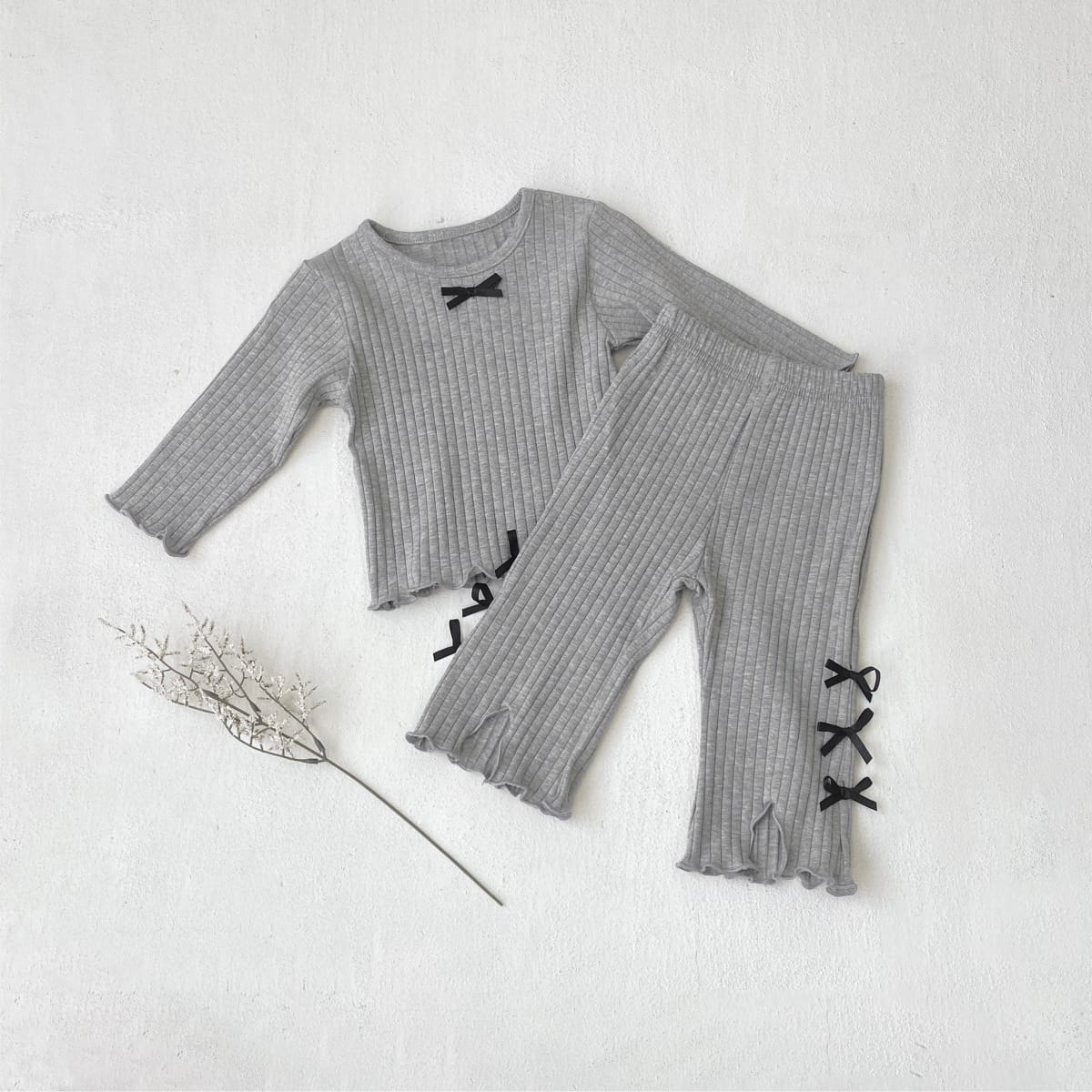 Big Pit Ribbon Base Set Loungewear リブニット リボン セットアップ【mh0011637】 Light Gray / 73cm BBAMMA 長袖セットアップ