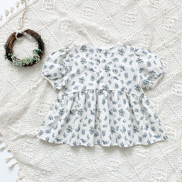 Blue Floral Lantern Sleeve Blouse フラワー 半袖チュニックブラウス【mh0012263】 Virgil kids