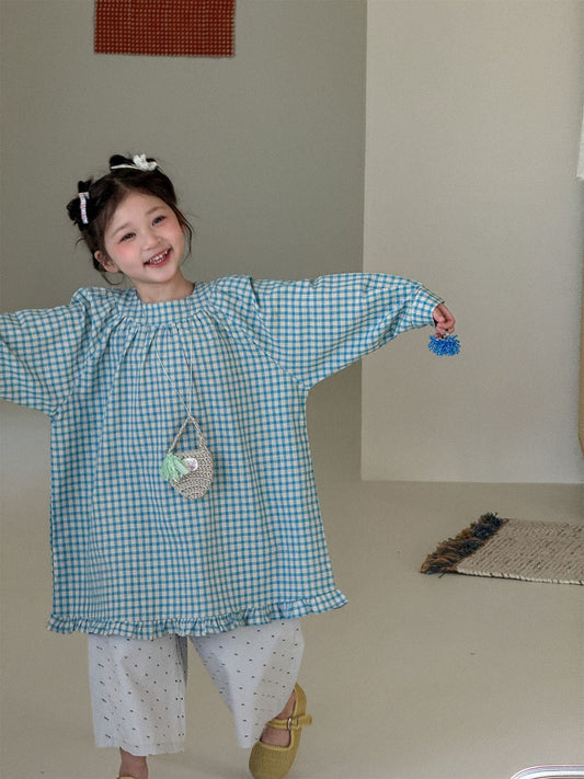 Blue Plaid Frill Hem Dress ブルー チェック 裾フリル ワンピース【mh0012290】 Laibaobao