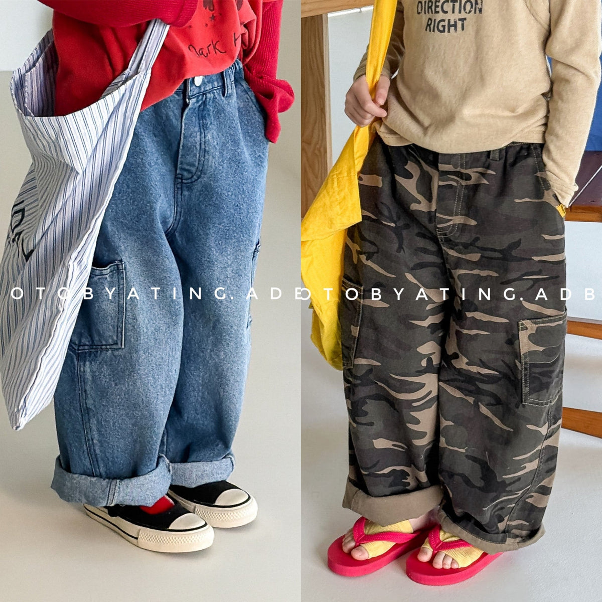 デニム素材のワイドカーゴパンツ、フロントボタン&ポケット付き、裾ゆったり