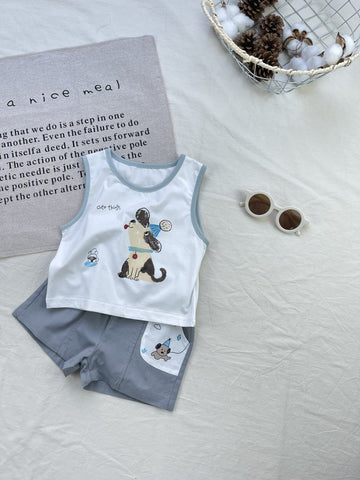 Cartoon Puppy Graphics Vest Set 犬 ノースリーブTシャツ ショートパンツセット【mh0012921】 yi nian ni ノースリーブセットアップ