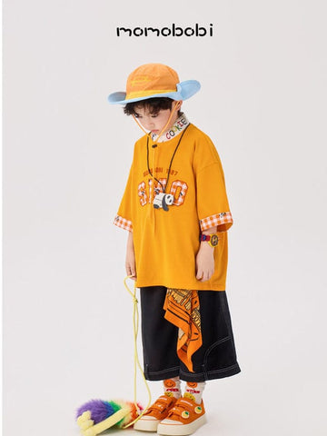 Checkered Patchwork Tee Denim ギンガムロゴ 半袖Tシャツ デニムハーフパンツ【mh0012992】 momobobi 半袖セットアップ