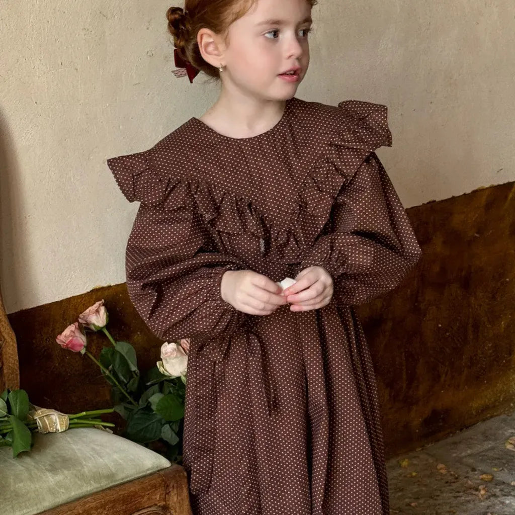 長袖ワンピース ドット柄フリルビッグカラー長袖ワンピース【mh0011205】