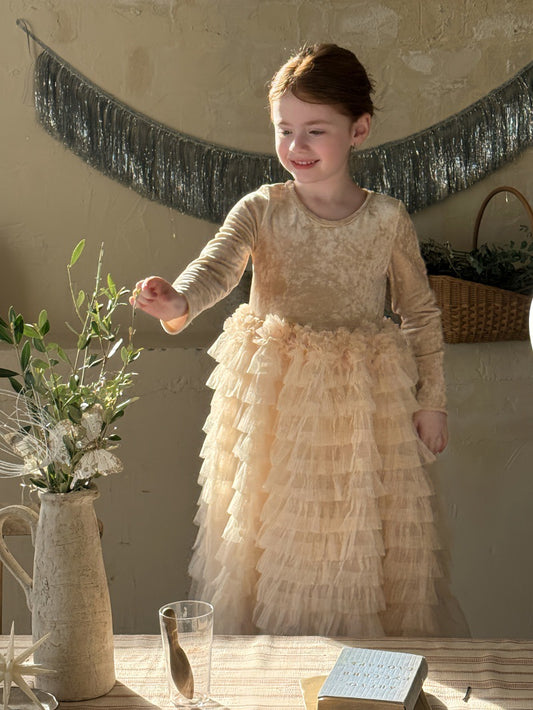 長袖ワンピース 長袖ワンピース ベロア チュチュ チュールスカート パーティドレス【mh0011881】