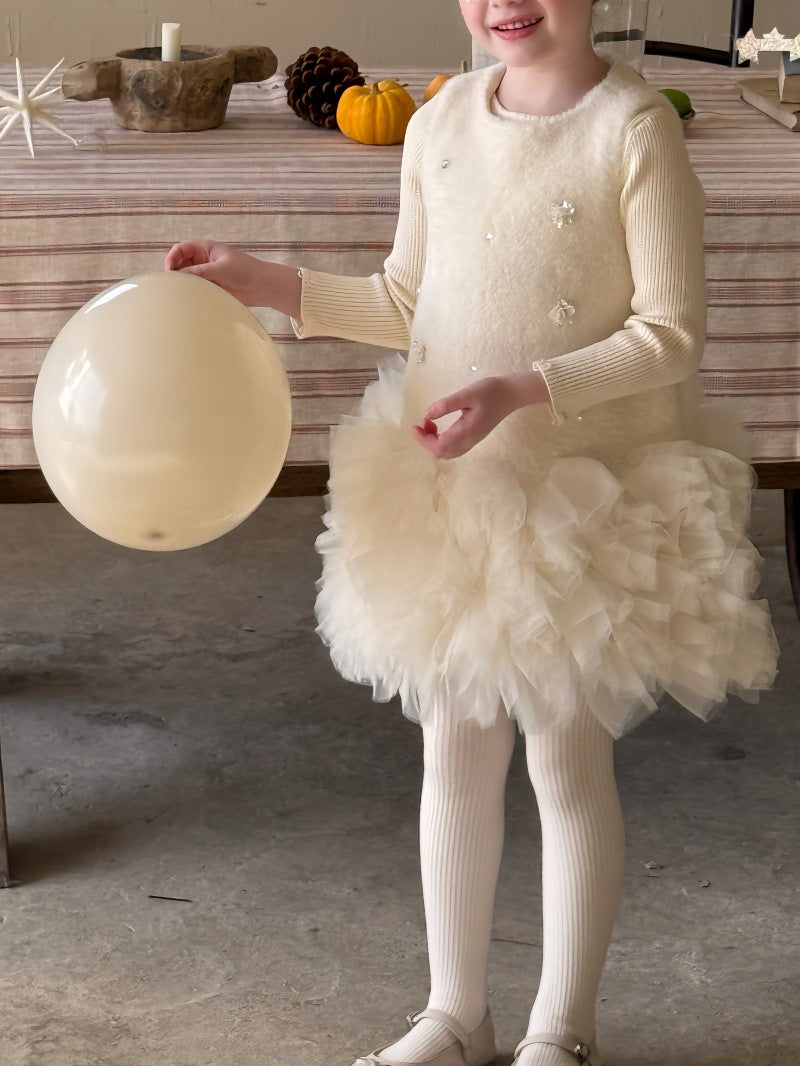 ノースリーブワンピース ノースリーブワンピース フリース ボリュームチュールスカート ビーズ刺繍【mh0011887】