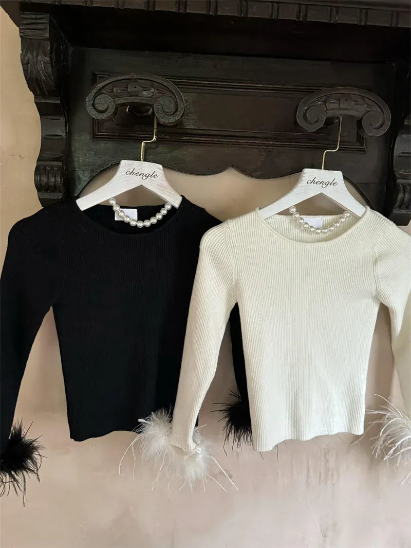 ニット・セーター キッズトップス フェザーリスト長袖シンプルニットTシャツカットソー【mh0007943】