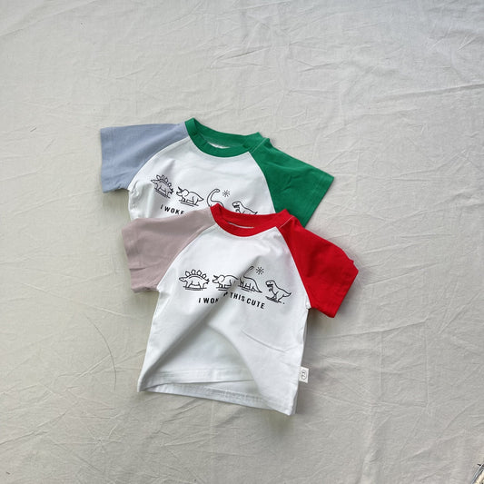 Color Block Dinosaur Raglan Tee パッチワーク 恐竜 ラグランTシャツ【mh0012300】 yi nian ni