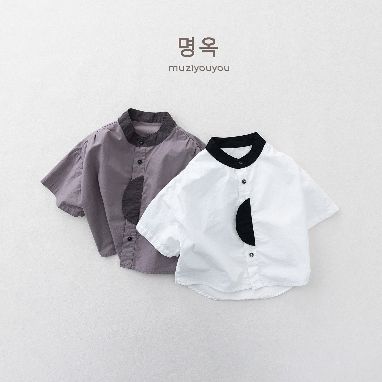 Color-Block Stand-Collar Shirt ドロップショルダー 半袖シャツ【mh0013140】 명옥 muziyouyou 半袖Tシャツ