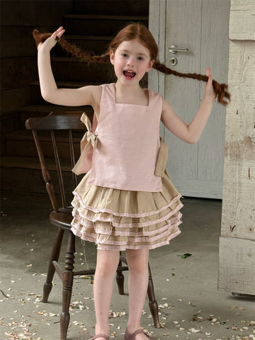 Cotton Linen Blouse Tiered Skirt Set 綿麻 ブラウス ティアードスカート セット【mh0012422】 90cm / Pink mamahalo shop