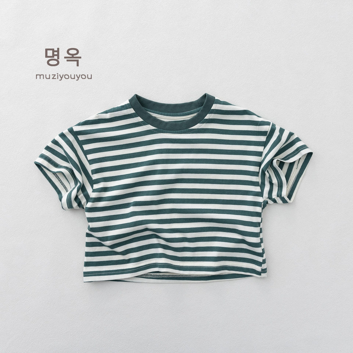ボーダー柄半袖Tシャツ、緑×白ストライプのクルーネック