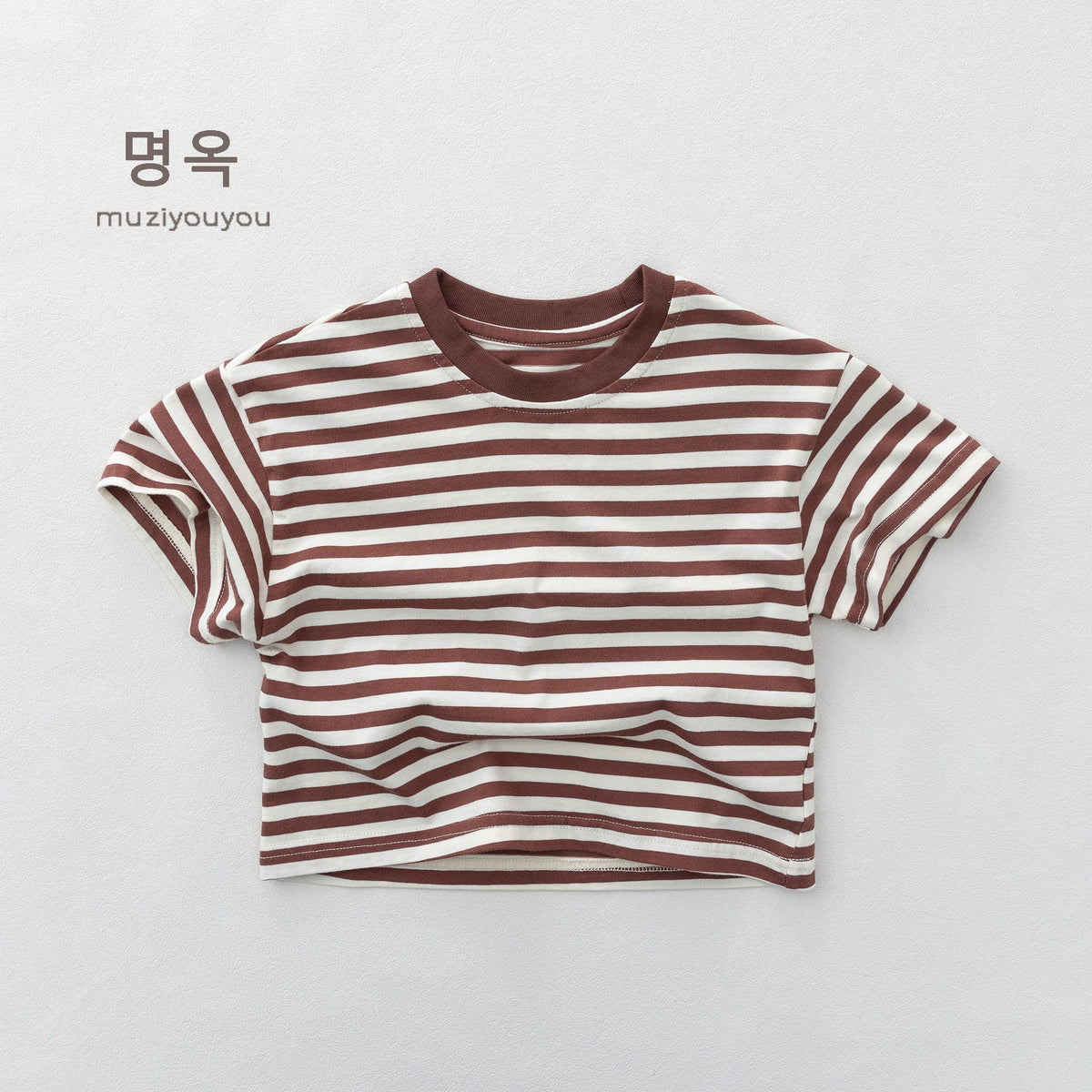 ボーダー柄半袖Tシャツ、茶色×白ストライプのクルーネック