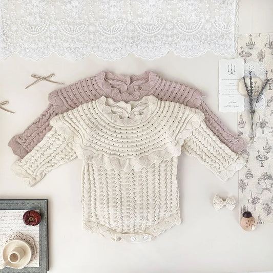 長袖ロンパース ベビーロンパース フリルショールレースニット長袖ボディスーツ