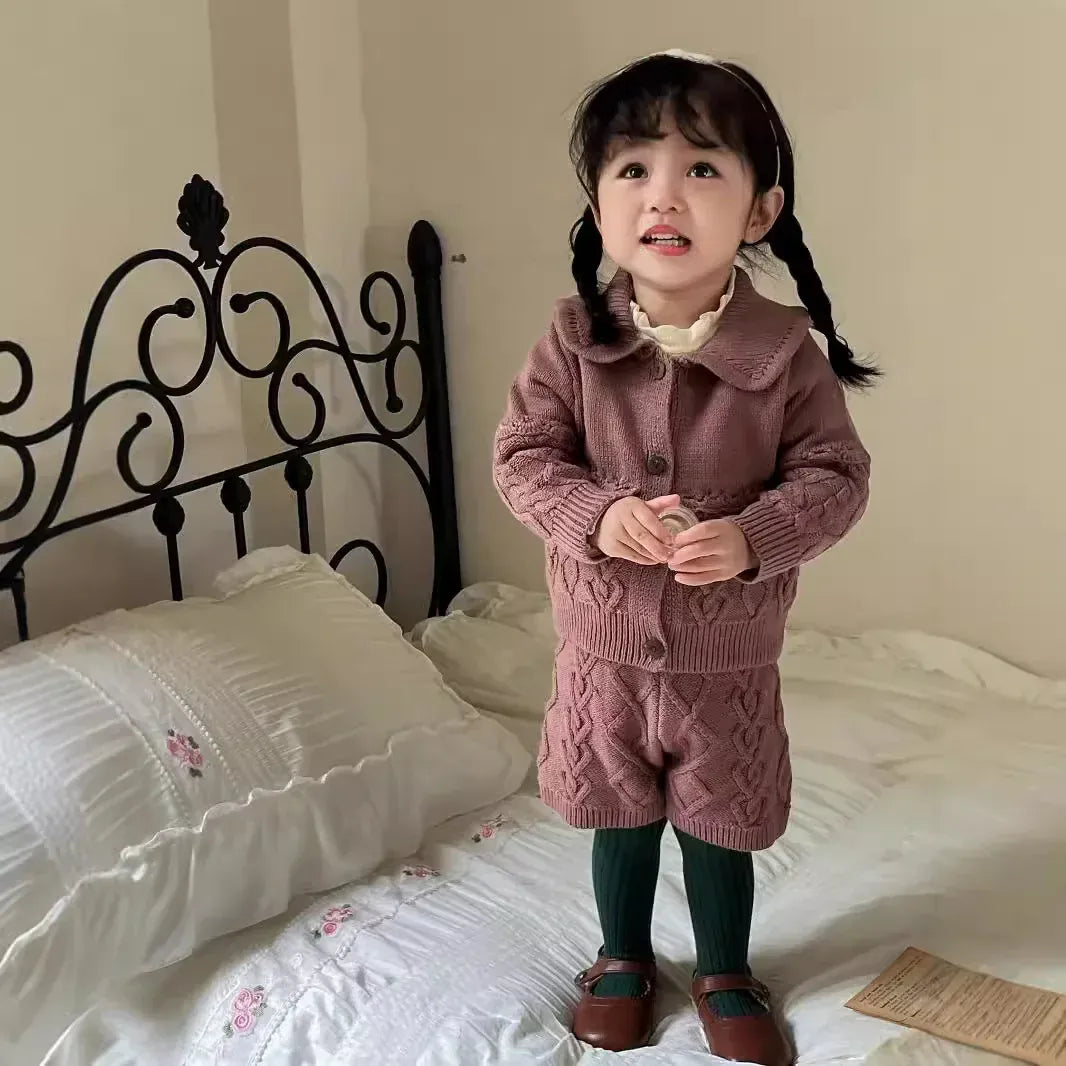 パープル系のニット襟付きジャケット&ショートパンツ2点セット