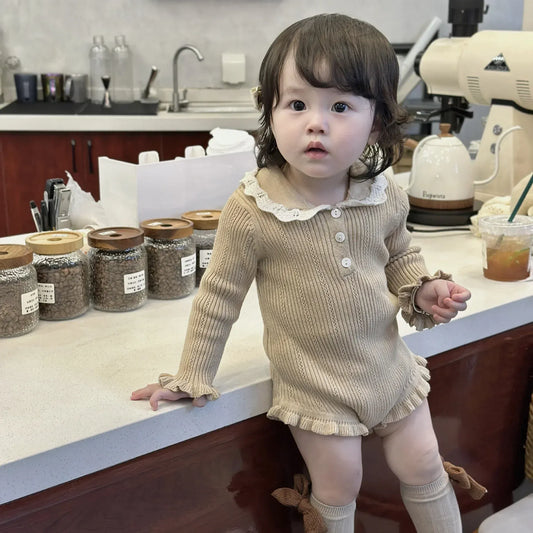 長袖ロンパース ベビーロンパース フリル襟長袖ニットボディスーツ 2カラー【mh0007437】