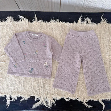 長袖セットアップ フラワー刺繍ニットプルオーバー+ワイドパンツ 2点セット【mh0011161】