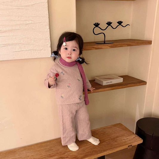 長袖セットアップ 長袖ニットセットアップ 2点セット フラワー刺繍 透かし編み ワイドパンツ【mh0011510】