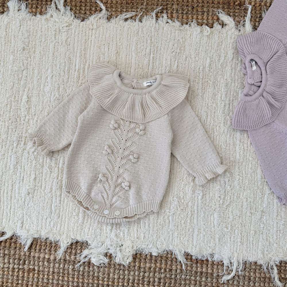 長袖ロンパース Apricot / 66cm 長袖ニットロンパース ラッフルカラー フリル襟 ボディスーツ【mh0011526】