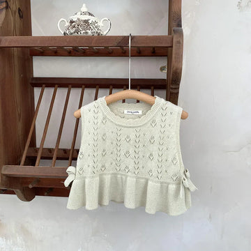 ベスト Apricot / 73cm ベビーキッズベスト レースニット ペプラム リボン ノースリーブトップス アプリコット/ピンク/2カラー【mh0004272】
