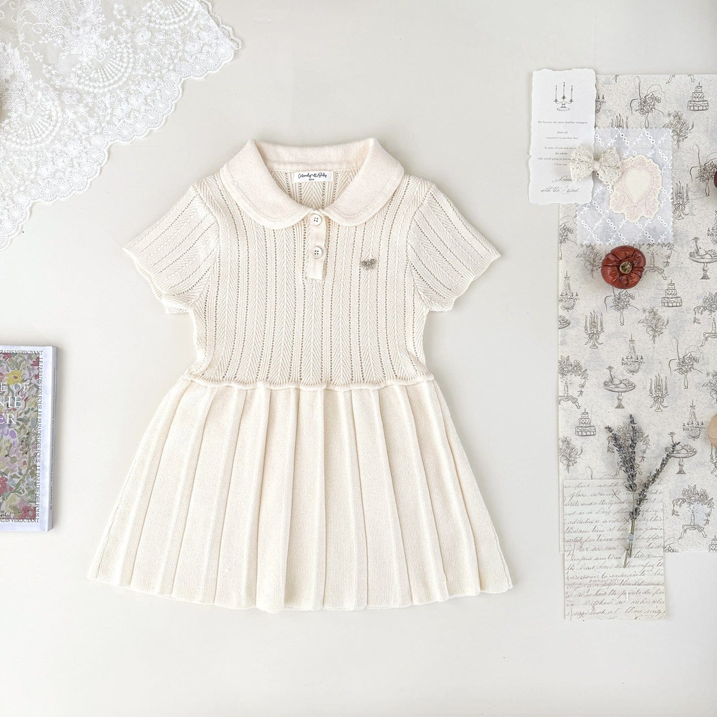 半袖ワンピース Apricot【Pre-order】 / 80cm ベビーキッズワンピース レースニット半袖ポロシャツワンピース【mh0009120】