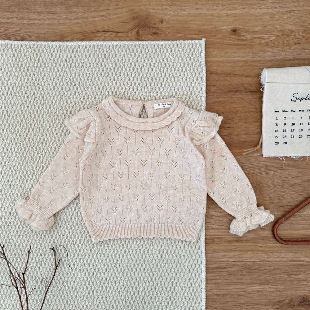 ニット・セーター Beige Apricot / 73cm 長袖ニット フリル襟 フリル袖 透かし編み ベビーセーター【mh0011507】
