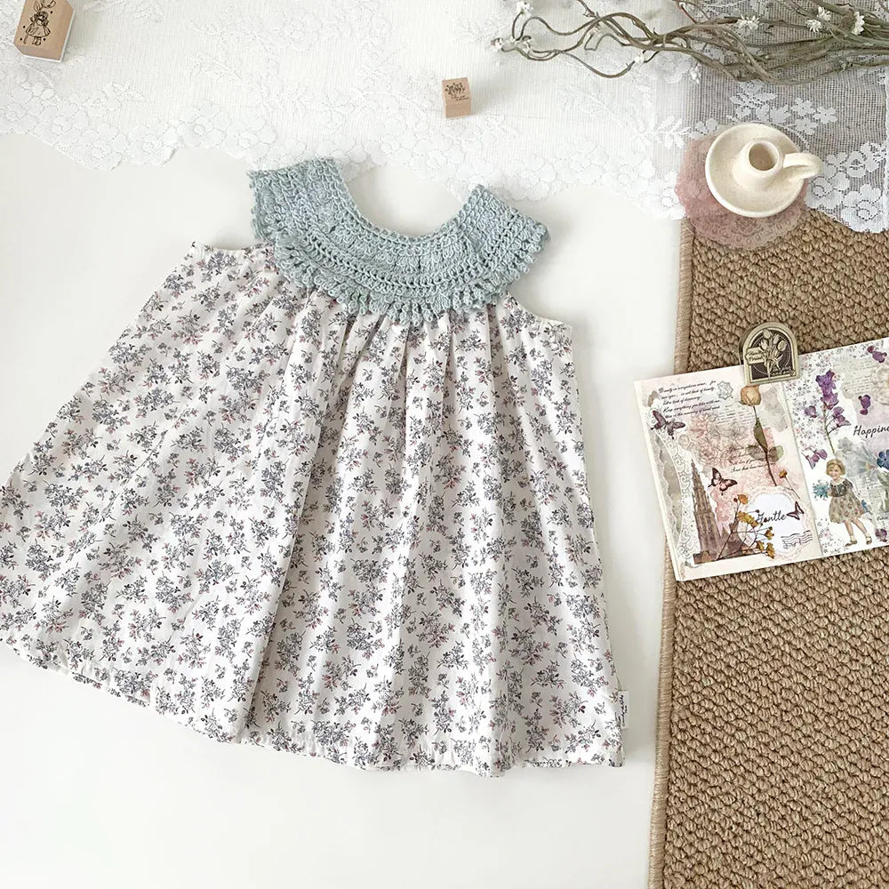 ノースリーブワンピース Blue / 12M (80) キッズトップス レースホルターネック チュニックブラウス フラワー花柄プリント 2カラー【mh0006016】