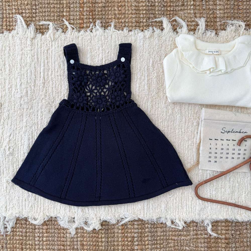 長袖セットアップ Dark blue dress / 80cm ノースリーブクロシェワンピース/長袖フリルニット リブセーター ドレス【mh0011516】