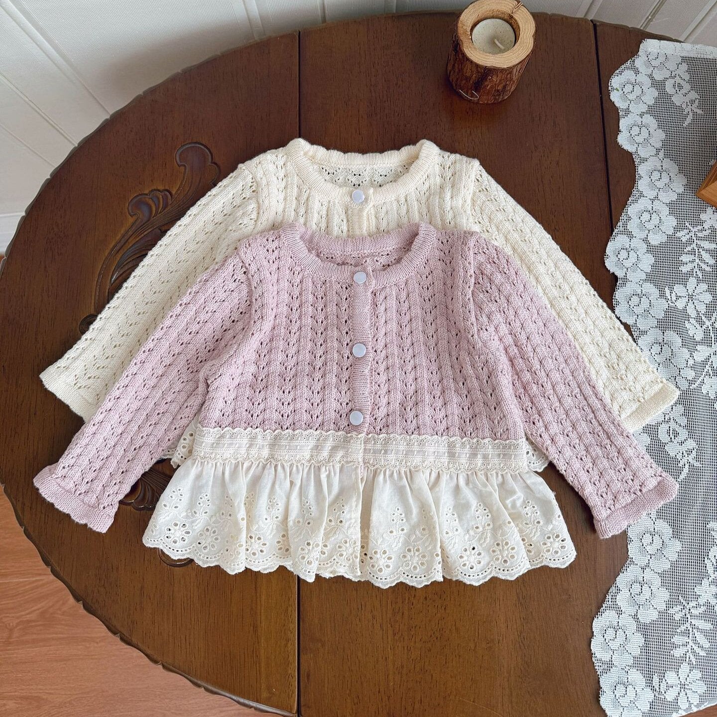 カーディガン・パーカー Lace Trimmed Cutout Knitted Cardigan レース切替 透かし編み ニット カーディガン【mh0012156】