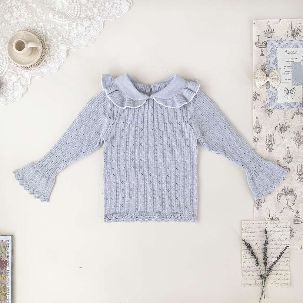 ノースリーブロンパース Light blue knit / 73cm サスペンダーロンパース 手編み風 フラワーレース レースボンネット 帽子【mh0011505】