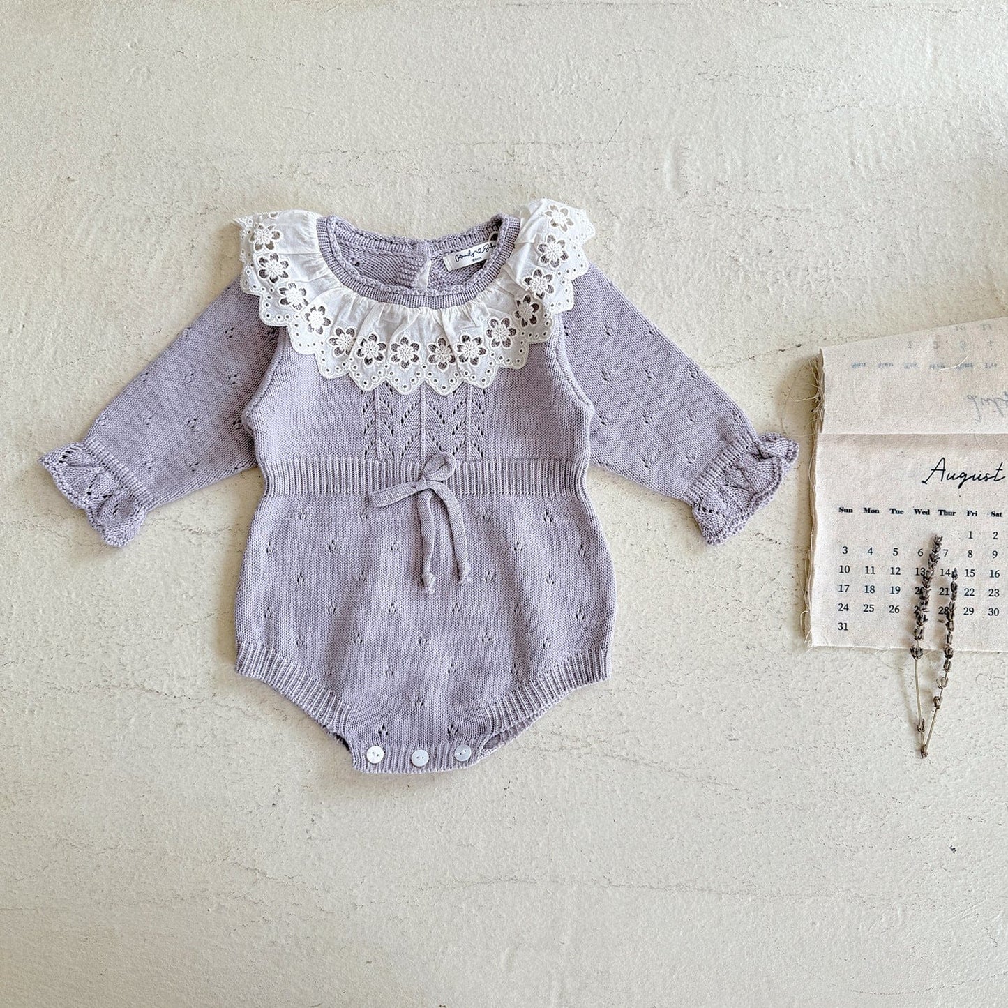 長袖ロンパース Light Purple / 66cm 花柄レース襟付き長袖ニットロンパース【mh0011150】