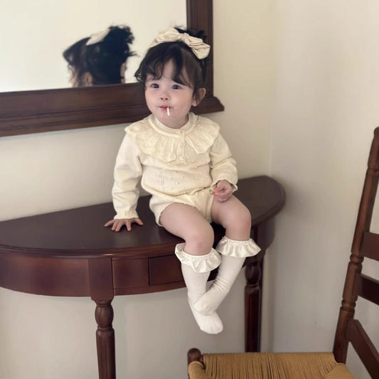長袖ロンパース ベビーロンパース ラッフル襟レースニット長袖ボディスーツ【mh0009113】
