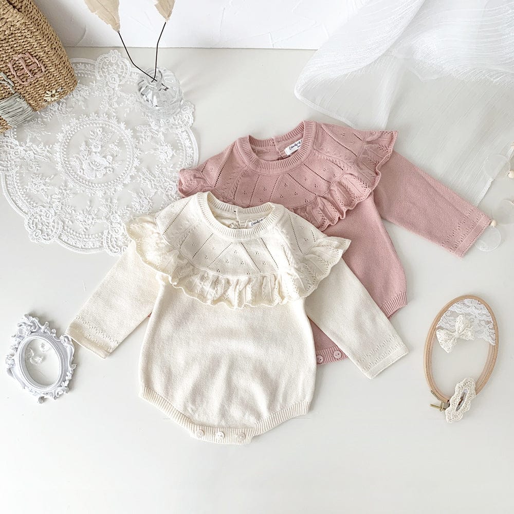 長袖ロンパース ベビーロンパース フリルショール襟ニット長袖ボディスーツ【mh0009122】