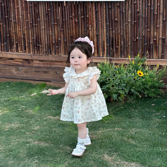 ノースリーブワンピース フラワープリントラッフルレース襟ガーリーワンピース【mh0010426】