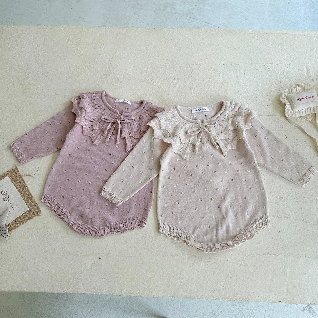 ビッグカラーリボン付きニットロンパース(ピンク/クリーム)2枚セット