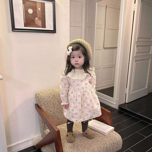 長袖ワンピース 長袖ワンピース ギャザーフリル襟 スモッキング刺繍 小花柄【mh0011509】