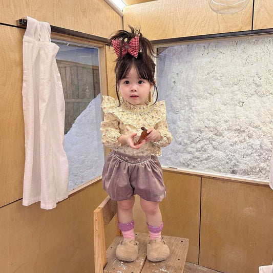 長袖セットアップ 長袖小花柄ブラウス フリルネック シャツ バルーンショートパンツ【mh0011519】