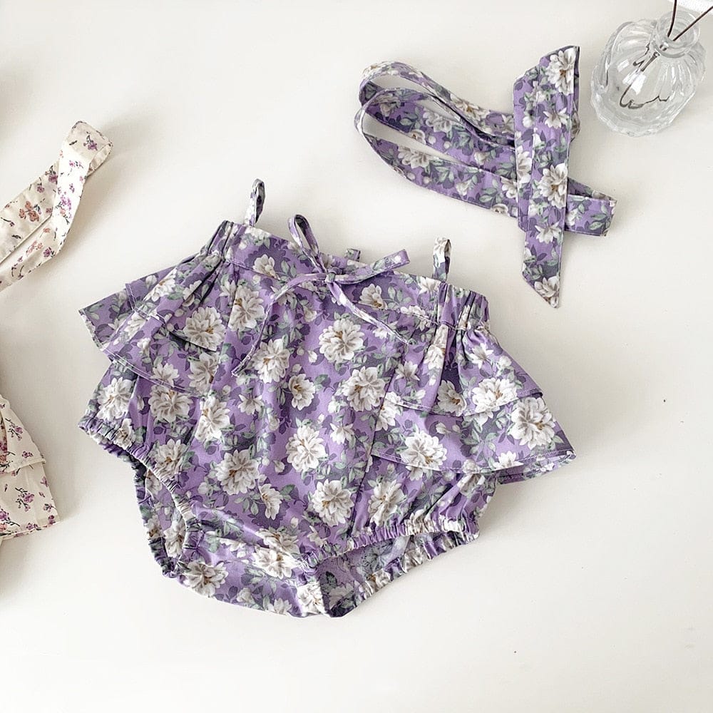 ブルマパンツ Purple / 9M/73cm ベビー フラワー 花柄 ラッフル フリル サスペンダー ブルマ パンツ アプリコットベージュ パープル ガールズ【mh0002075】