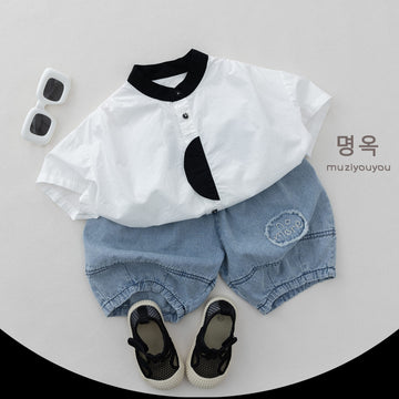 Denim Fringed-Patch Shorts バルーン ハーフパンツ【mh0013142】 명옥 muziyouyou ハーフパンツ・ショートパンツ