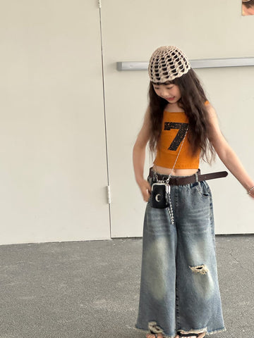 Distressed Denim Wide Pants ダメージ デニムワイドパンツ【mh0013069】 mamahalo kids デニムパンツ