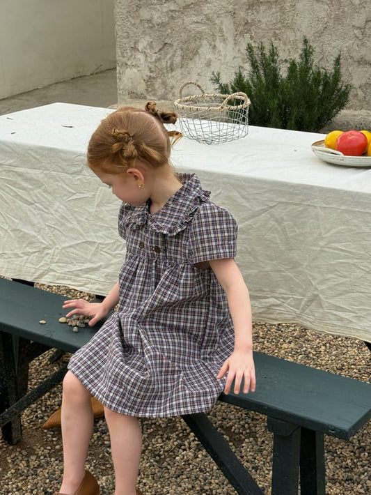 Double Breasted Plaid Doll Collar Dress チェック柄 フリル襟 半袖ワンピース【mh0012810】 Chengle 半袖ワンピース