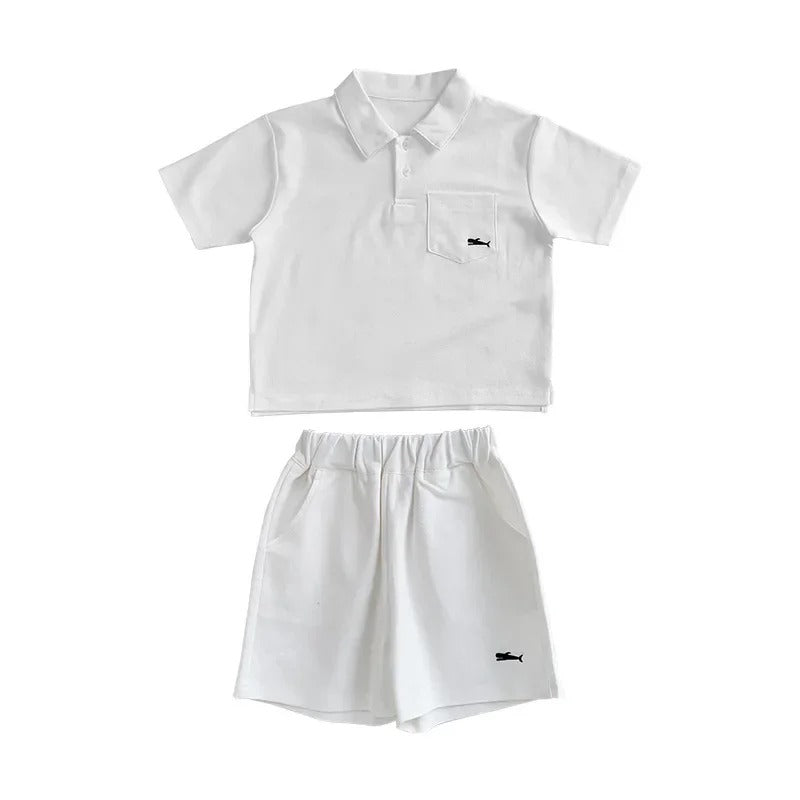 -キッズセットアップ 2点セット 半袖ポロシャツ+ショートパンツ ワンポイント刺繍 3カラー【mh0006033】 - mamahalo shop - 半袖セットアップ - べビー服 - 子供服 - 男の子 - 女の子
