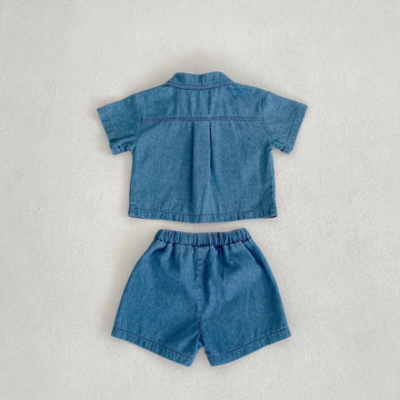 半袖セットアップ キッズセットアップ 2点セット デニム 半袖シャツ+ショートパンツ【mh0006177】