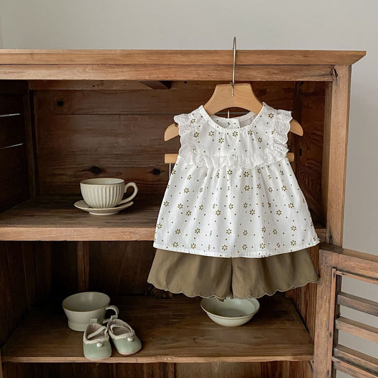 ノースリーブセットアップ フラワープリントノースリーブブラウス+ショートパンツセットアップ 2点セット【mh0010155】