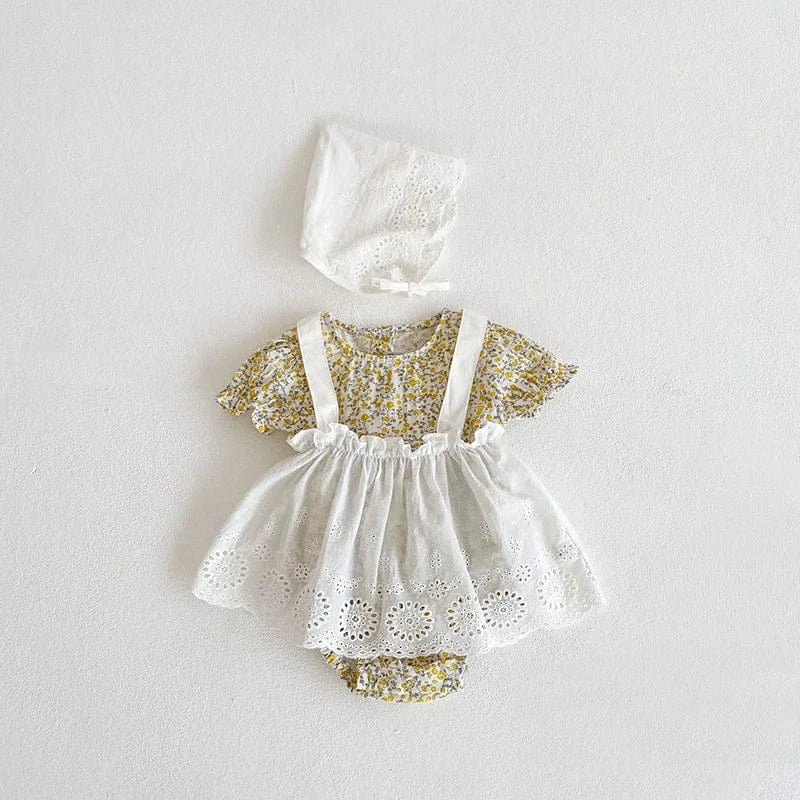 ベビー服3点セット:花柄半袖ボディスーツ+レースエプロンスカート+ボンネット